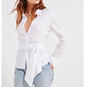 Silence + Noise Poplin Button Down Bow-Tie Top